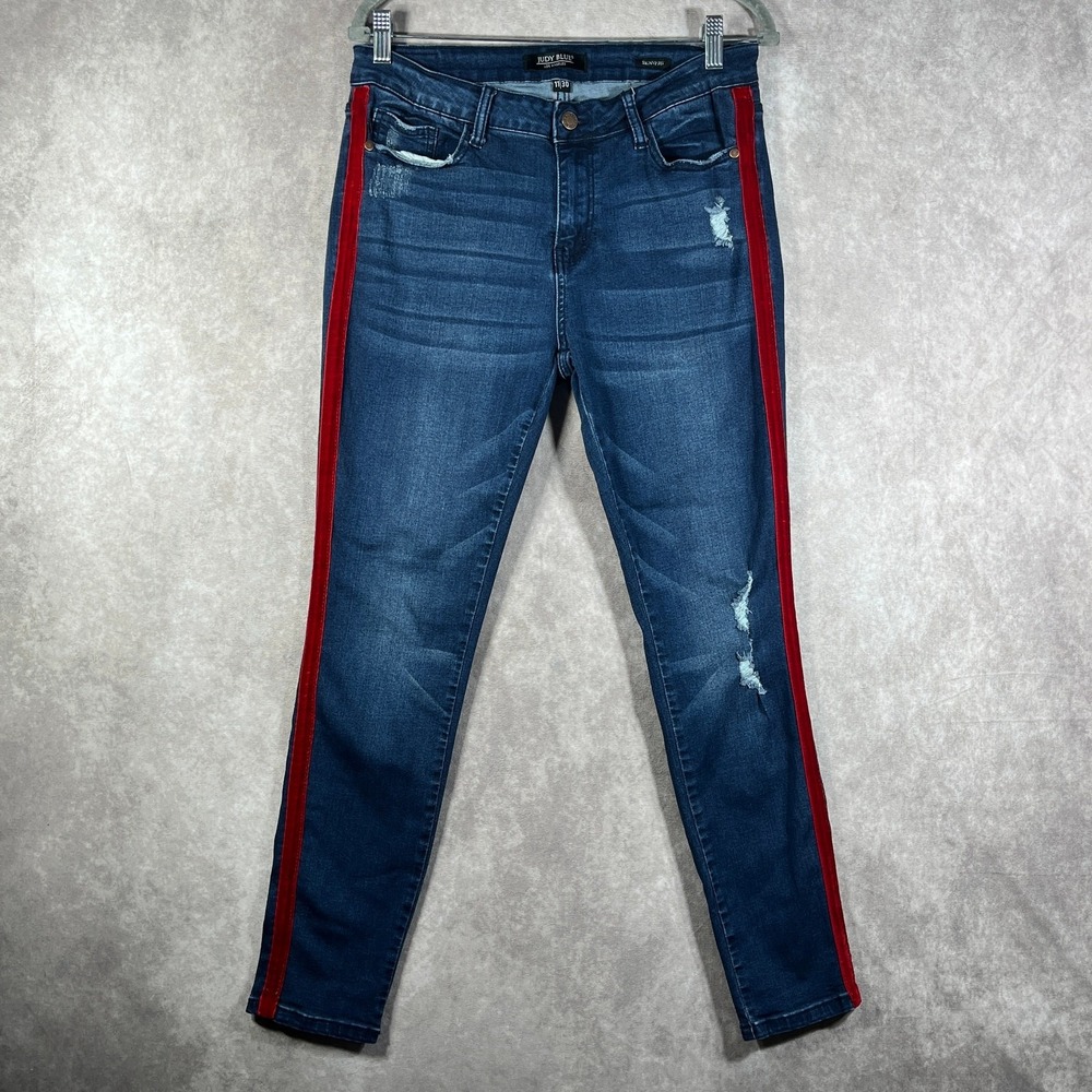 Judy Blue Jeans Womens 11/30‎ Blue Medium Wash Red Trim Skinny Fit Distressed
